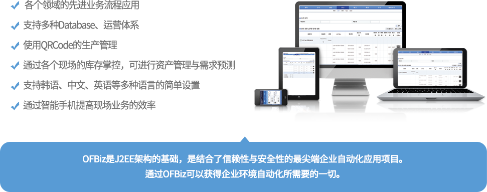ERP 각 분야에서 선진 업무프로세스 적용, 다양한 Database, 운영체제 지원, QRCode를 활용한 생산 관리, 현장 별 실시간 재고 파악을 통한 자산관리 및 수요예측가능, 한국어, 중국어, 영어 등 간단한 설정으로 다국어 지원, 스마트폰을 활용한 현장 업무 효율성 강화